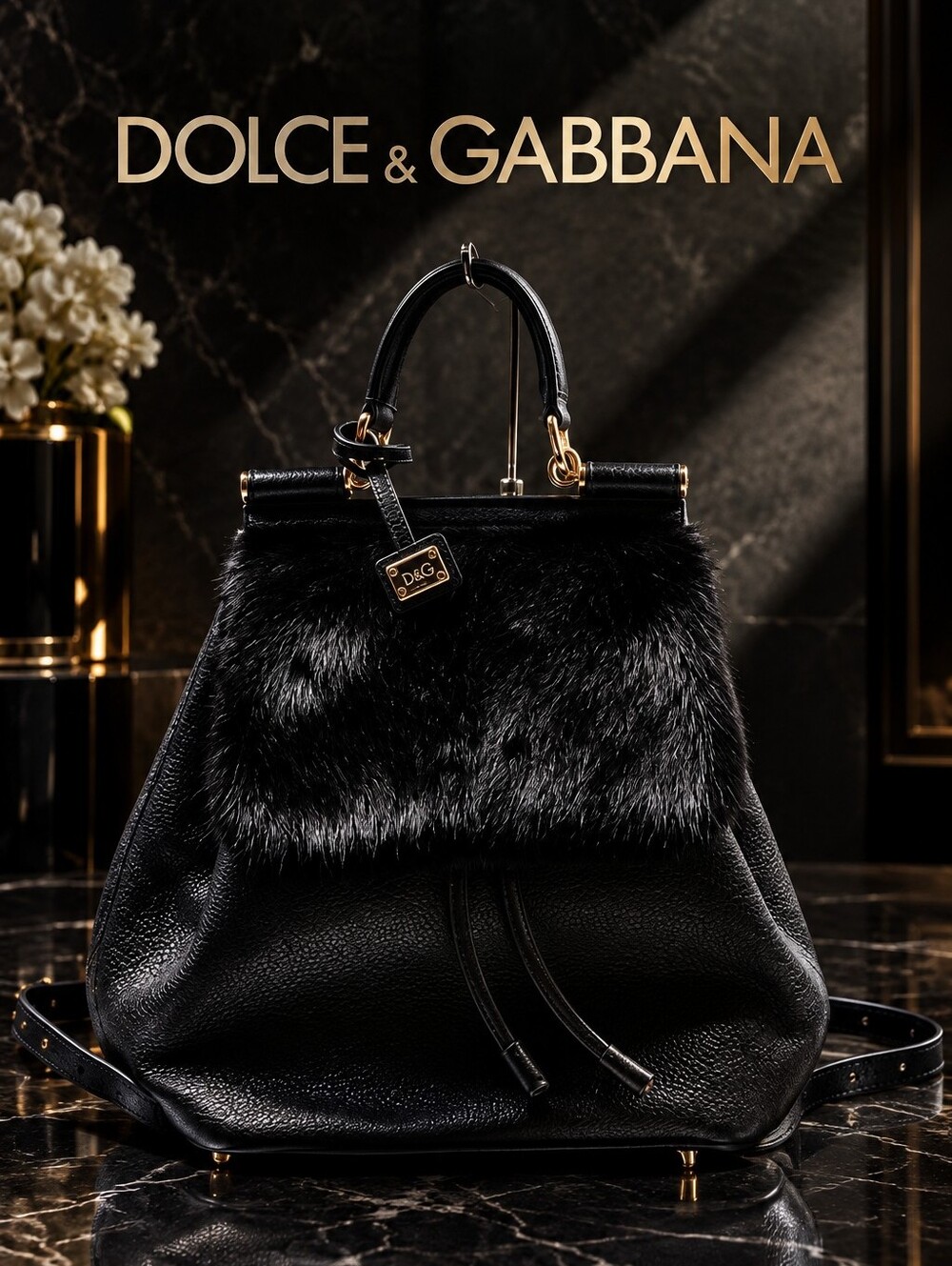 Dolce & Gabbana Black Sicily Fur-Trimmed Leather Backpack